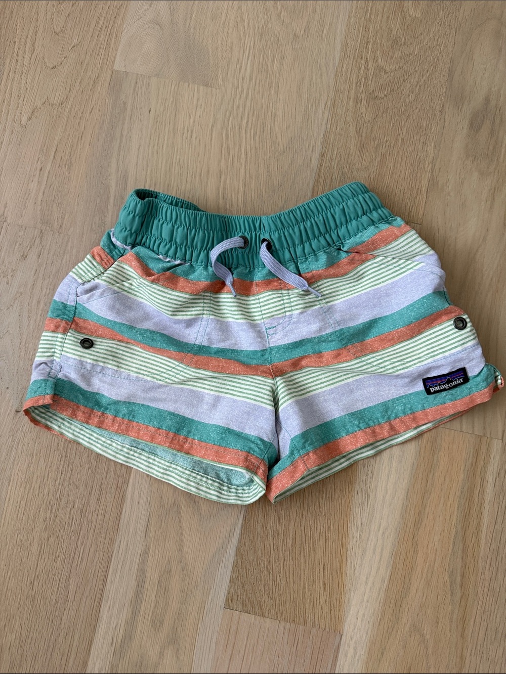 Patagonia Striped Kids Shorts in Teal, Coral & Cream